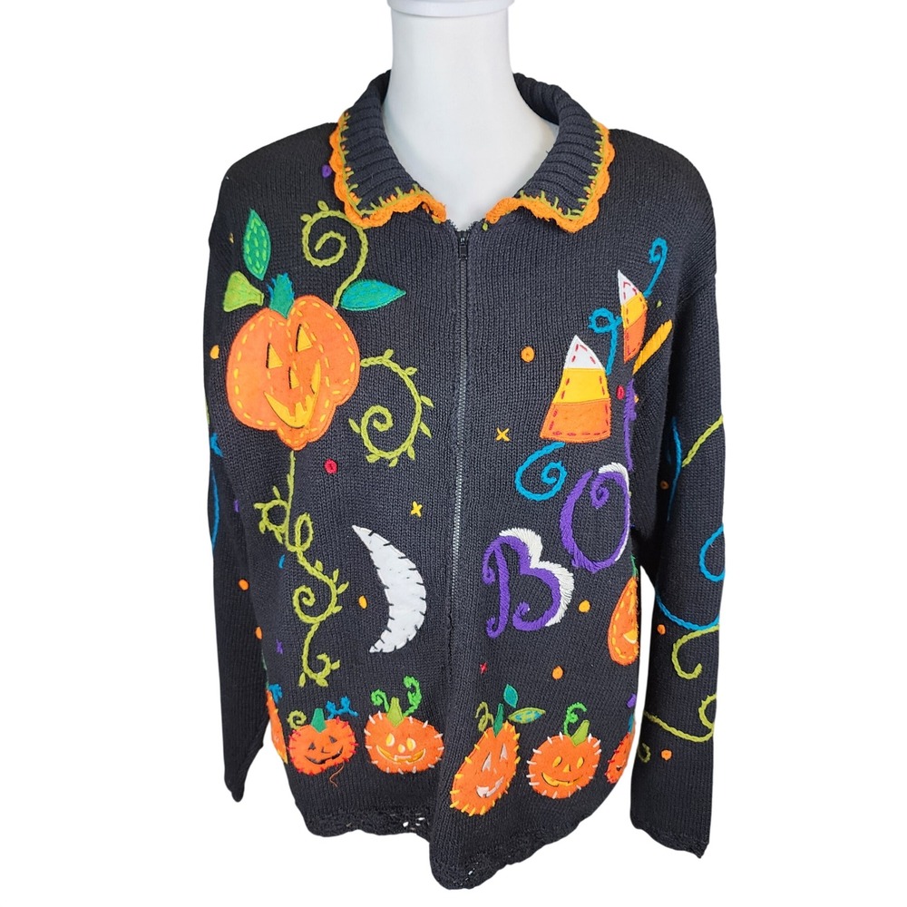 Yarnworks Vintage Halloween Zip Sweater Womens Large Black Orange Purple Boo 90s